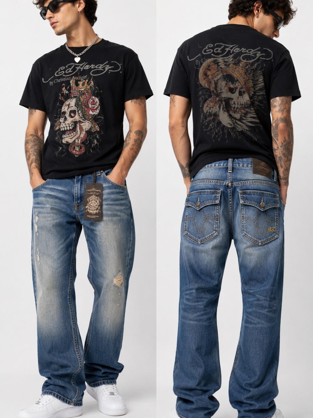 NWT Ed Hardy by Christian Audigier ADA Pacino Distressed Denim Jeans 40x32
